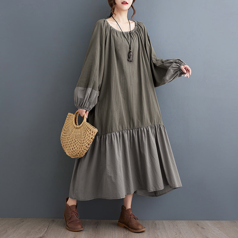 Green Ruffled Drawstring Lantern Sleeves Cotton Linen Dresses