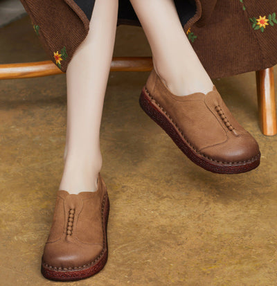 Retro Minimalist Intricate Stitching Handmade Leather Slip-Ons