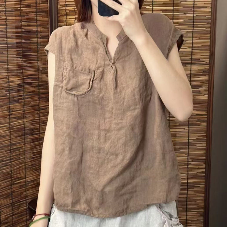 Babakud Summer Causla Linen Loose Pocket V- Neck Vest