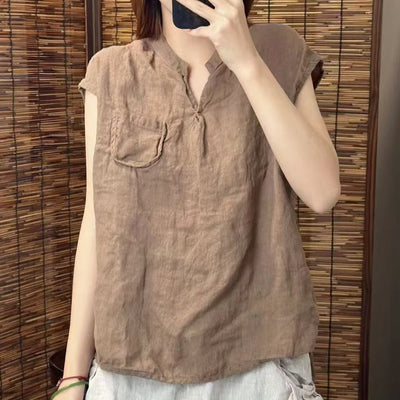 Babakud Summer Causla Linen Loose Pocket V- Neck Vest
