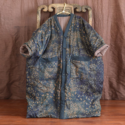 Warm Cozy Thick Vintage Bohemian Floral Quilted Long Cotton Linen Coat