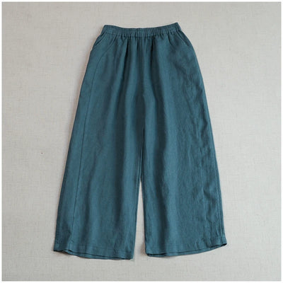 Women Summer Retro Linen Solid Color Loose Cropped Pants