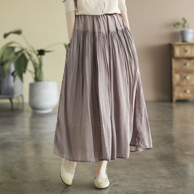 Casual Solid Color High Waist Pleated Cotton Linen A-Line Skirt