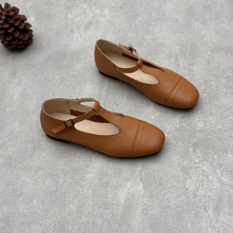 Women Retro Leather Soft Flat Sole One Straped Shoes