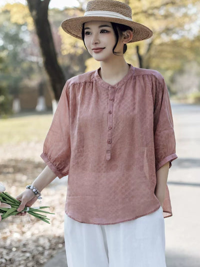 Summer Ramie Casual Subtle Pattern Round Neck Button Shirt