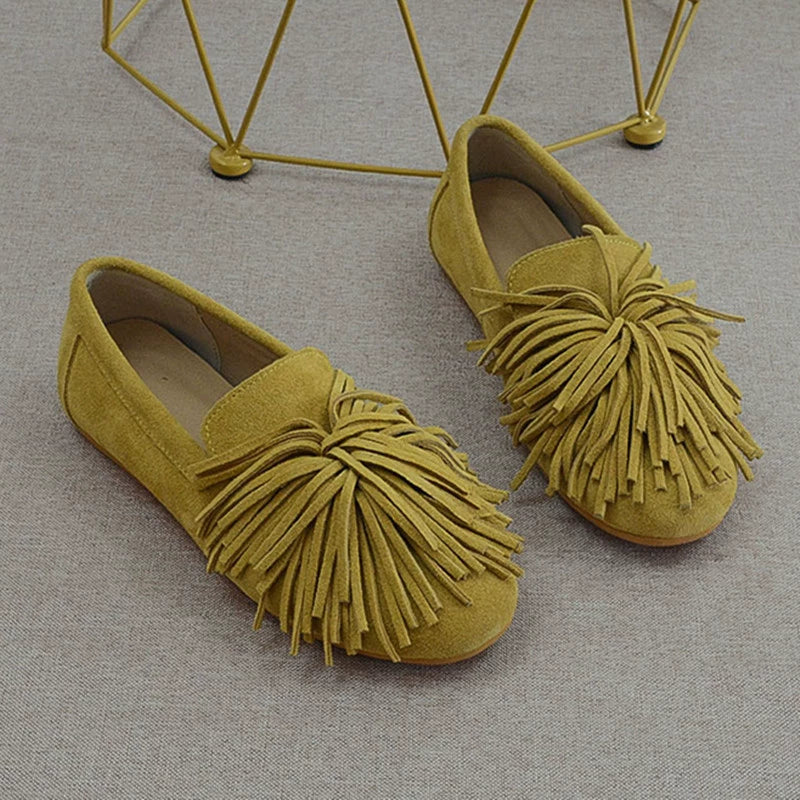 Genuine Leather Fringe Shallow Closed Toe Soft Sole Shoes