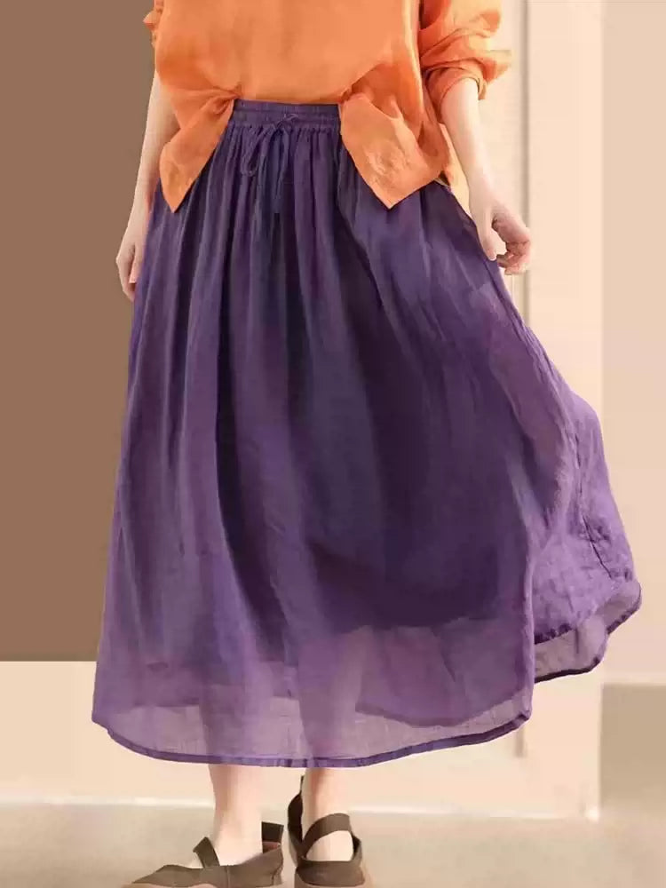 Women Summer Vintage Linen Elastic Waist A-Line Solid Color Skirt
