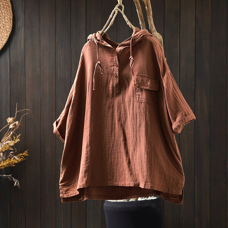 Women Spring Vintage Cotton Hooded Short-Sleeve Pullover Shirt