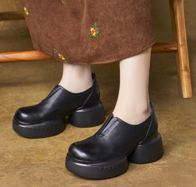 Women Minimalist Thick Soled Chunky Heeled Leather Shoes
