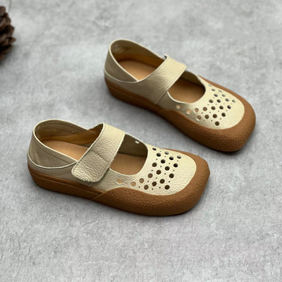 Women Trendy Retro Square Toe Hollow Genuine Leather Sandals