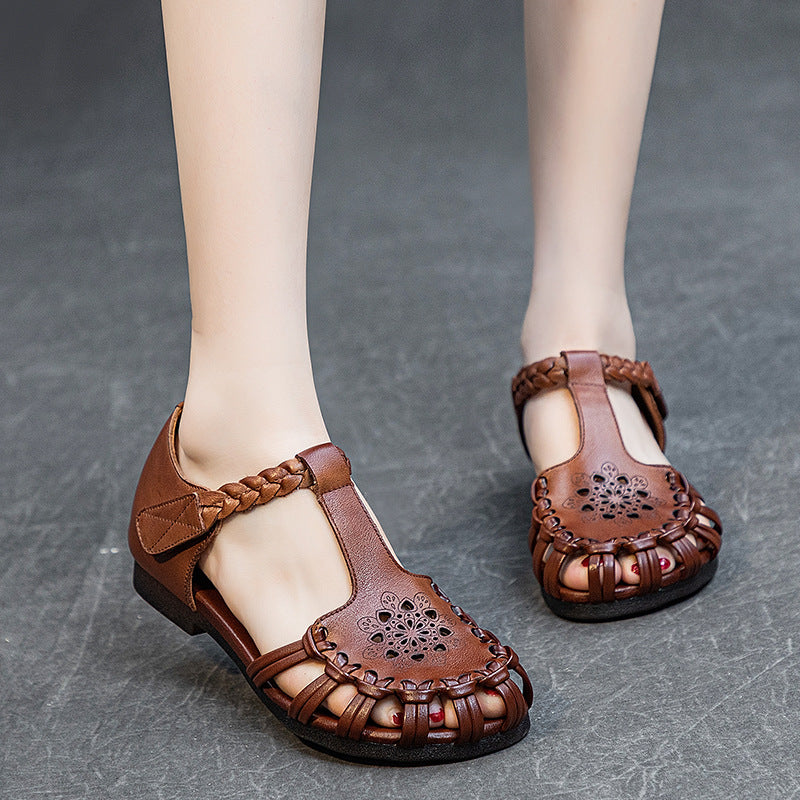 Babakud Summer Leather Cut-Out Soft Sole Woven Sandals