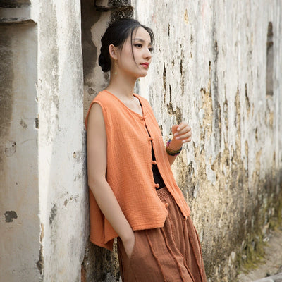 Summer Retro Linen V-Neck Sleeveless Casual Outwear