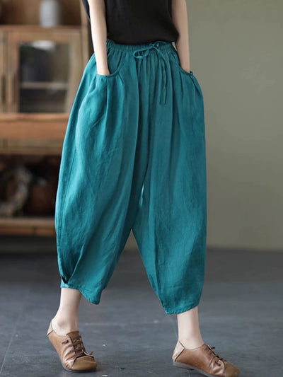 Summer Retro Linen Solid Color Elastic Waist Harem Pants