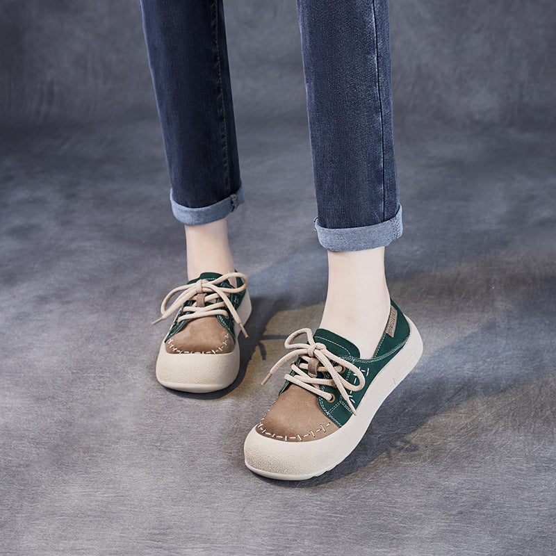Women Color Block Genuine Leather Flat Casual Shoes