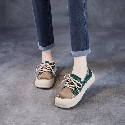 Women Color Block Genuine Leather Flat Casual Shoes