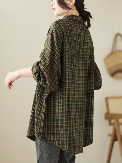 Plus Size Women Trendy Retro Spring Plaid Loose Cotton Shirt