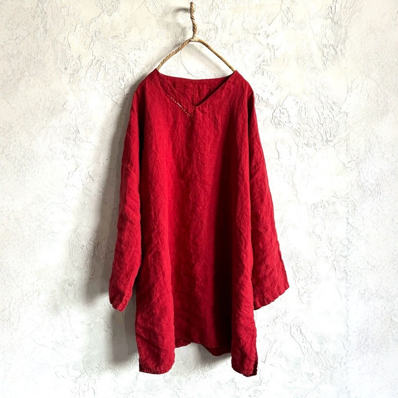 Women Comfy Solid Color V-Neck Washed Loose Linen Blouse