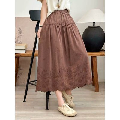 Spring Cotton Vintage Embroidered Lace High Elastic Waist Skirt