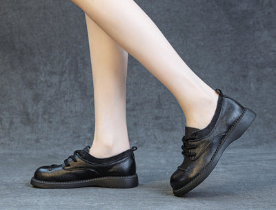 Women Black Brown Retro Genuine Leather Lace-Up Casual Shoes