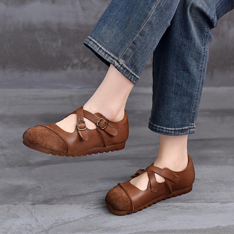 Genuine Leather Retro Casual Patchwork Crossing Straped Shoes