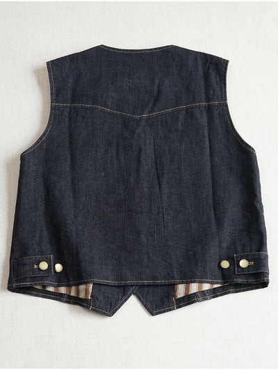 Retro Denim V-Neck Patchowk Single Breasted Pocket Vest
