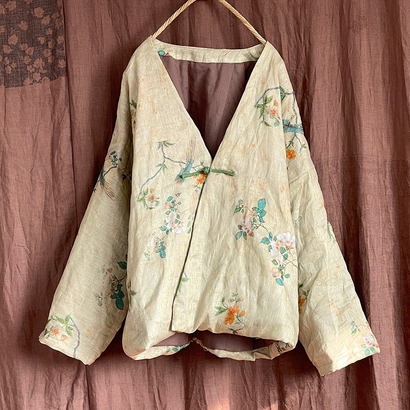 Women Chinese Style Vintage Printed Cotton Linen Coat