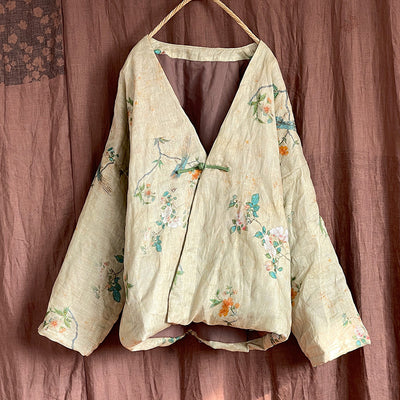 Women Chinese Style Vintage Printed Cotton Linen Coat