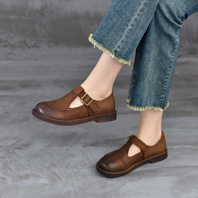 Babakud Women Spring Retro Handmade Leather Buckle Flats