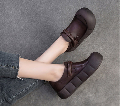 Ladies Retro Leather Platform Soft Sole Round Toe Slip-Ons