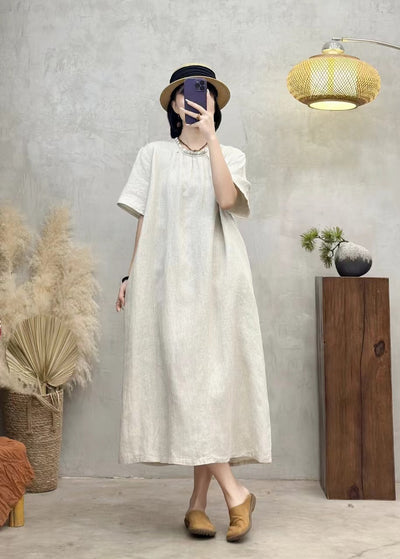 Babakud Retro Linen Ruffle Lapel Lace-Up Short Sleeves Dress
