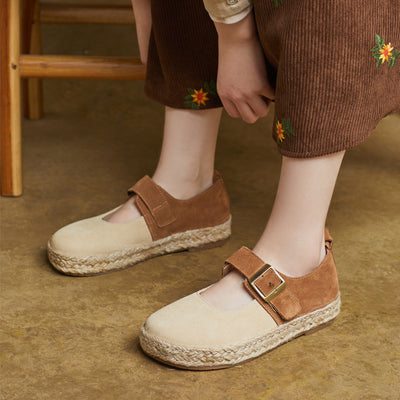 Women Casual Handmade Genuine Leather Buckle Soft Sole Flats