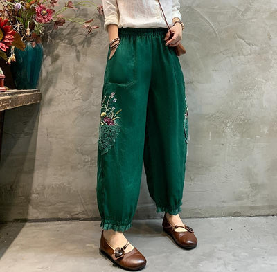 Women Vintage Embroidered Lace Cotton Linen Harem Pants