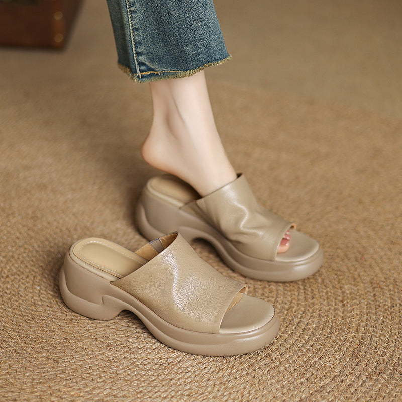 Top Genuine Leather Platform Everyday Open Toe Slippers