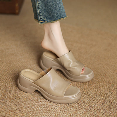 Top Genuine Leather Platform Everyday Open Toe Slippers