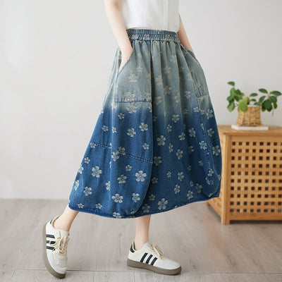 Ladies Retro Distressed Gradient Jacquard A-Line Denim Skirt
