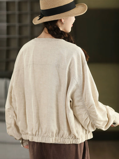 Women Retro Linen Round Neck Zipper Solid Color Jacket