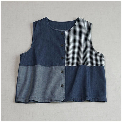 Babakud Retro Summer Denin Patchwork Plaid Sleeveless Top