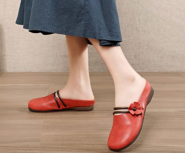 Minimalist Genuine Leather Flower Low-Heel Slippers for Women