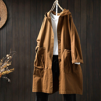 Women Spring Retro Pure Cotton Hooded Coat with Pockets