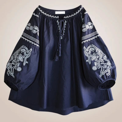 Women Retro Autumn Cotton Round Neck Embroidered Shirt