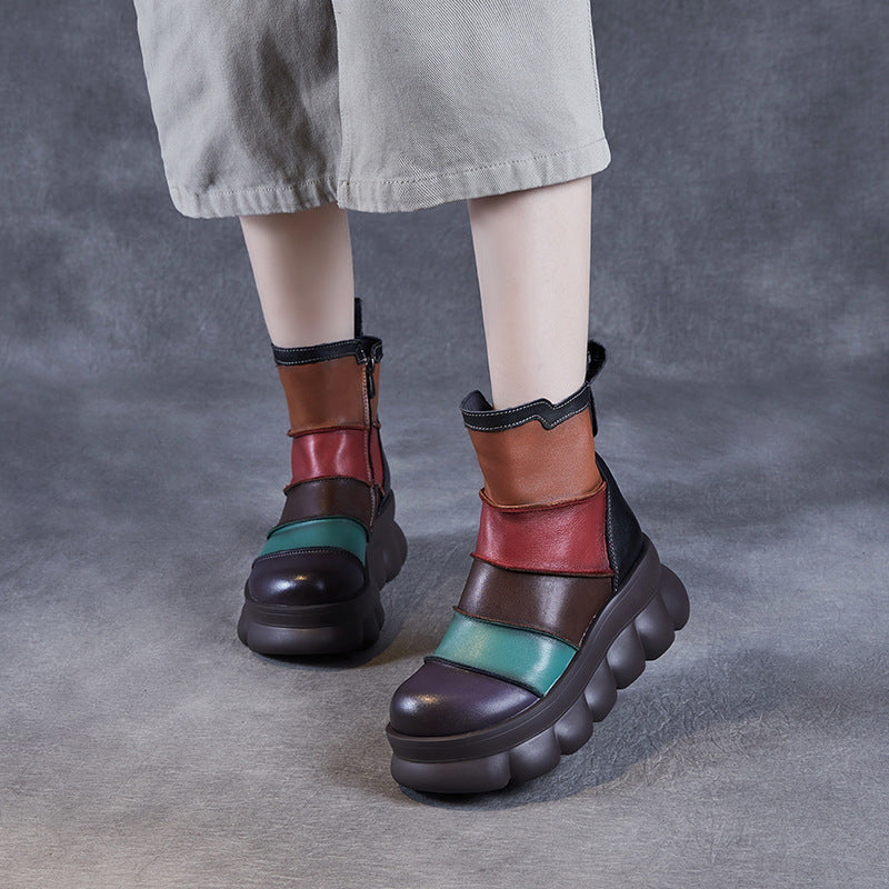 Women Vintage Color Block Platform Leather Short Boots
