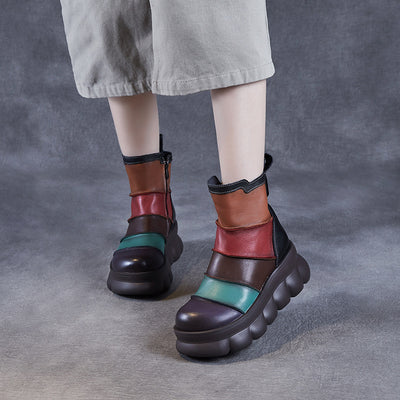 Women Vintage Color Block Platform Leather Short Boots