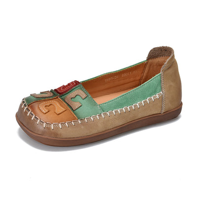Babakud Women Spring Vintage Colorblock Handmade Leather Flats
