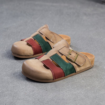 Women Casual Buckled Colorful Straps Retro Leather Slippers