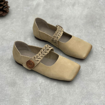 Artistic Retro Square Toe Handmade Woven Strap Leather Flats
