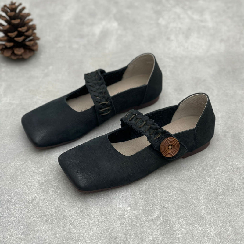 Artistic Retro Square Toe Handmade Woven Strap Leather Flats