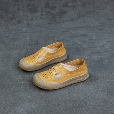 Summer Casual Leather No Slip Hollow Platform Slip On Shoes