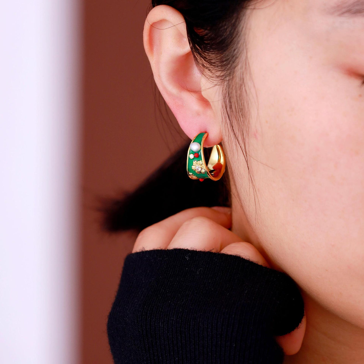 Babakud Women Retro Green Enamel Floral Earrings with Pearls