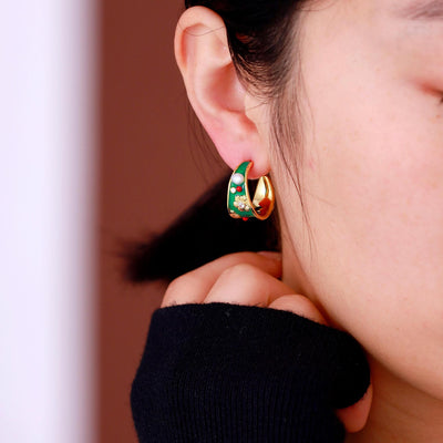 Babakud Women Retro Green Enamel Floral Earrings with Pearls
