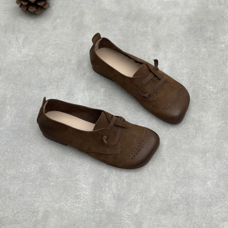 Women Retro Casual Versatile Soft Leather Low Heel Slip-Ons